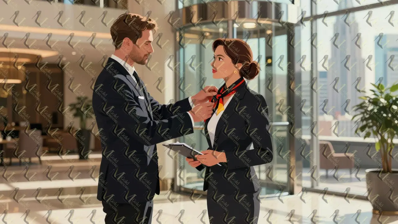 Женщина-бизнесмен и мужчина-эскорт-специалист встречаются в отеле, он помогает ей с шарфом, атмосфера профессионализма.