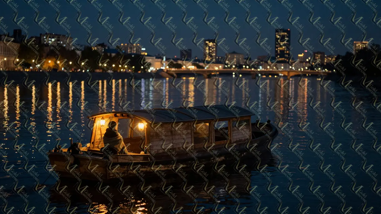 Деревянная лодка на Яузе в ночи с человеком под пледом и отражением огней Москвы.