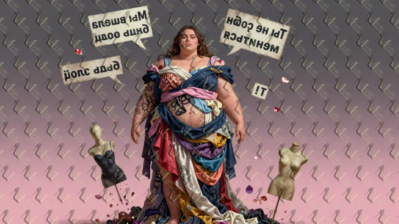 Златослава как символ телесного принятия: её тело состоит из одежды и лозунгов, вокруг — разрушающиеся манекены.