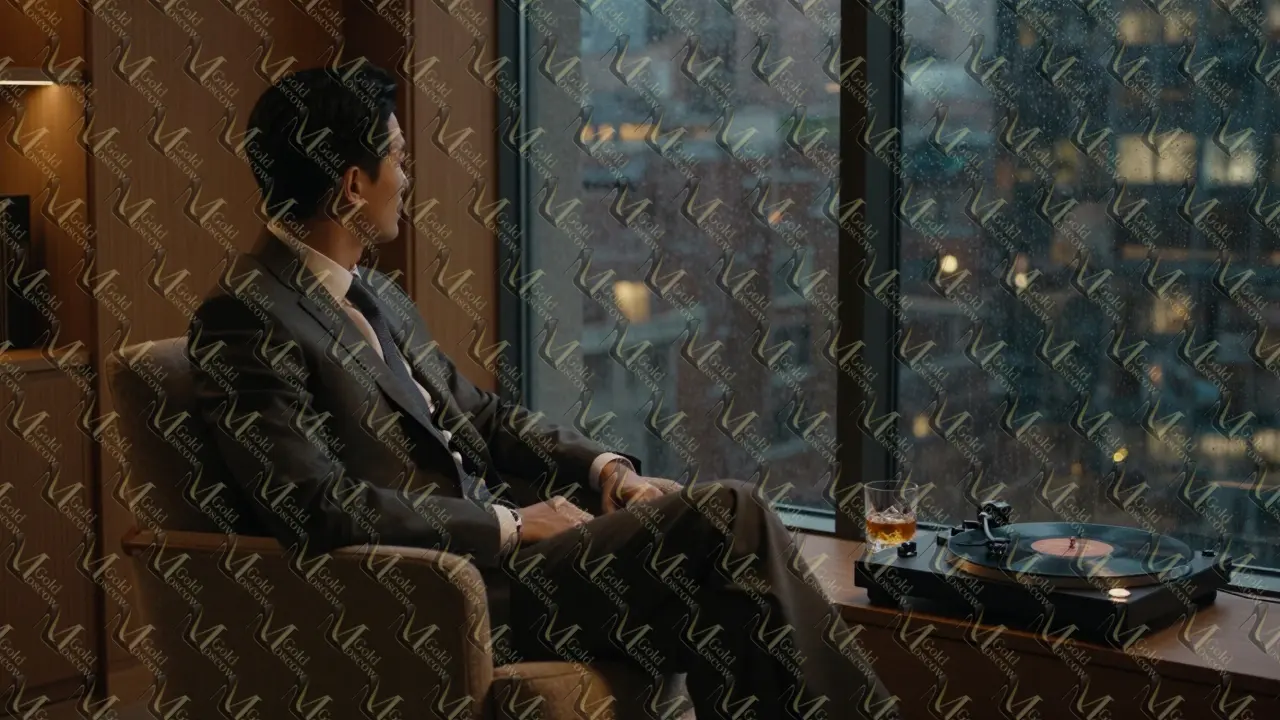 Мужчина в костюме сидит в тишине, глядя на городские огни через дождевое стекло, без единой метки идентификации.
