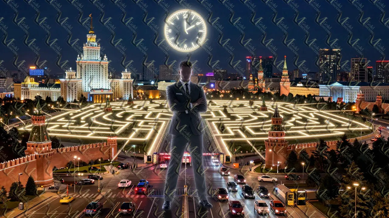 Символическая карта Москвы с путями VIP-доступа, управляемыми эскорт-сервисом.