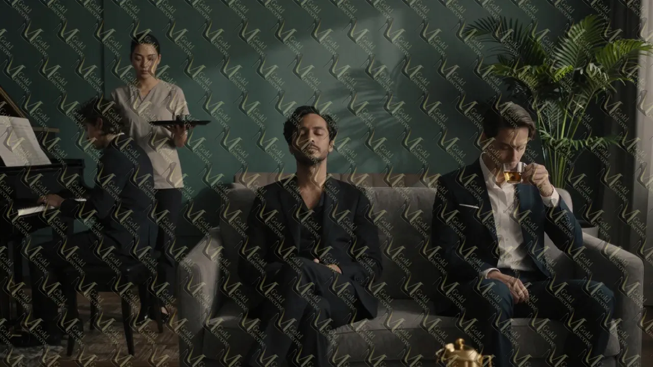 Трое незнакомцев в уютном зале, их лица скрыты в тени — каждый в своем мире тишины и спокойствия.