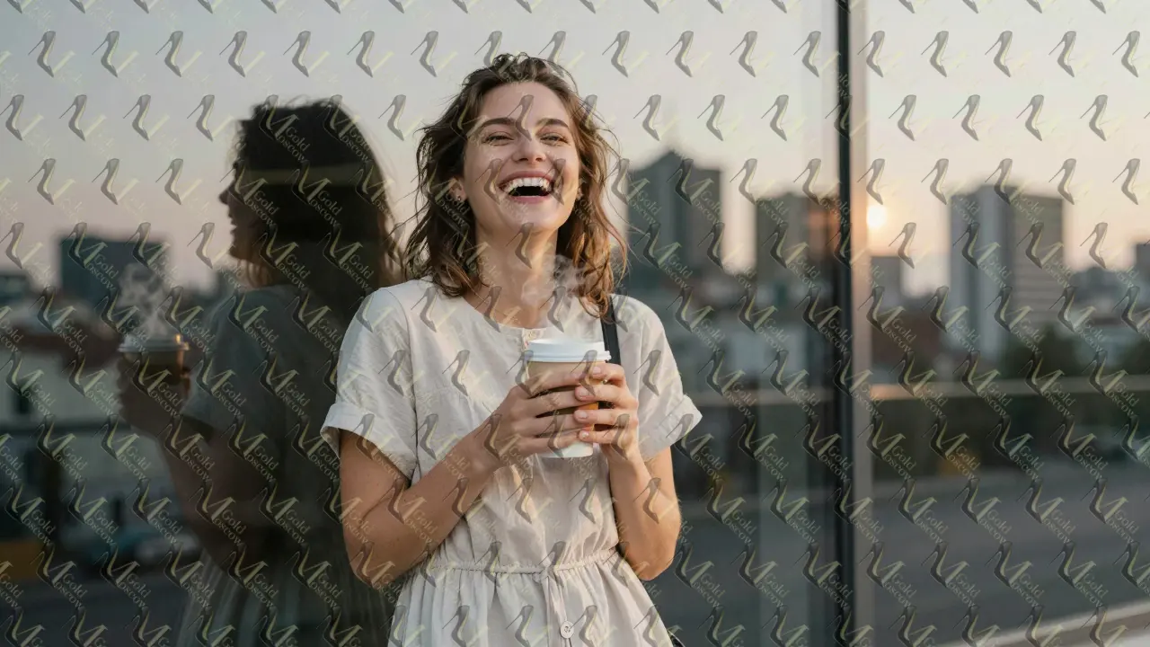 Златослава смеётся, держит кофе, за ней отражается город — без ретуши, с реальной красотой.