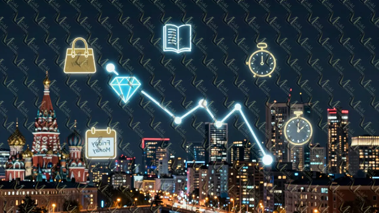 Динамичная формула цен на эскорт-услуги в Москве, включающая время, стиль, интеллект и эксклюзивность, над городским пейзажем.