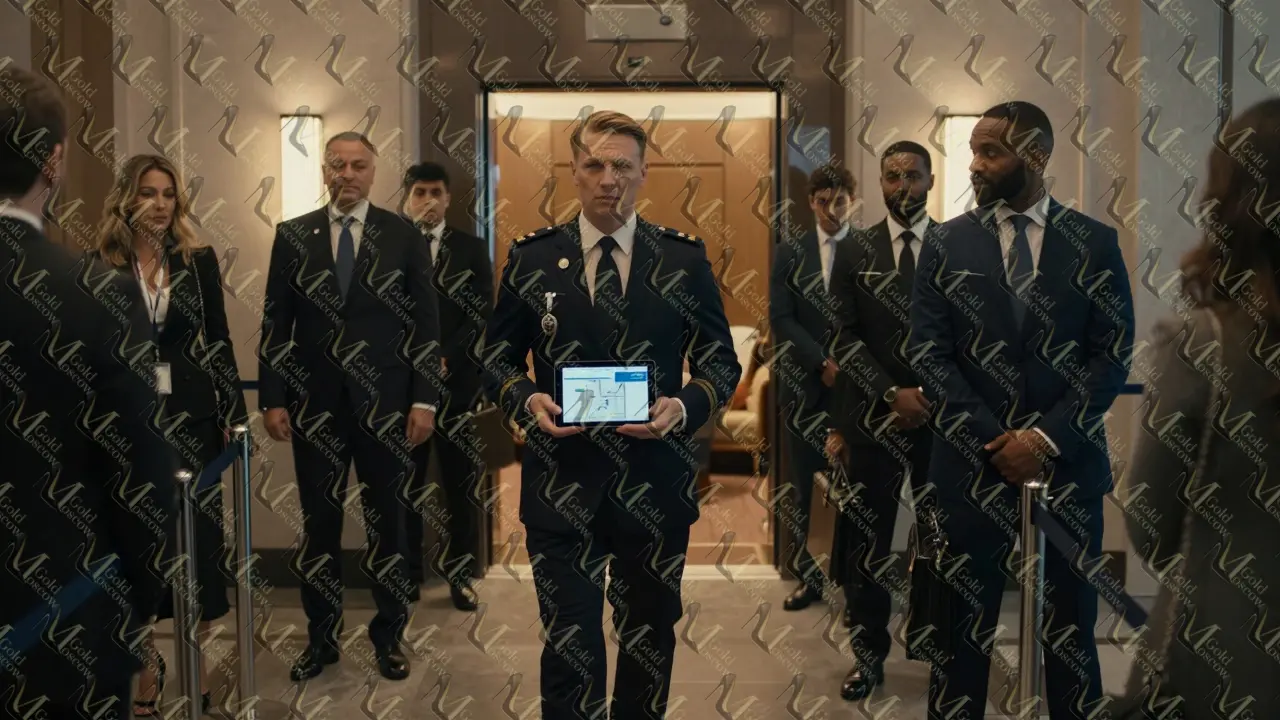 Эскорт ведет иностранных гостей по VIP-коридору на бизнес-форуме в Москве.