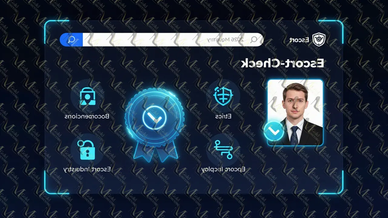 Экран с официальным реестром 'Эскорт-Проверка', подтверждающим легальность сопровождающего.