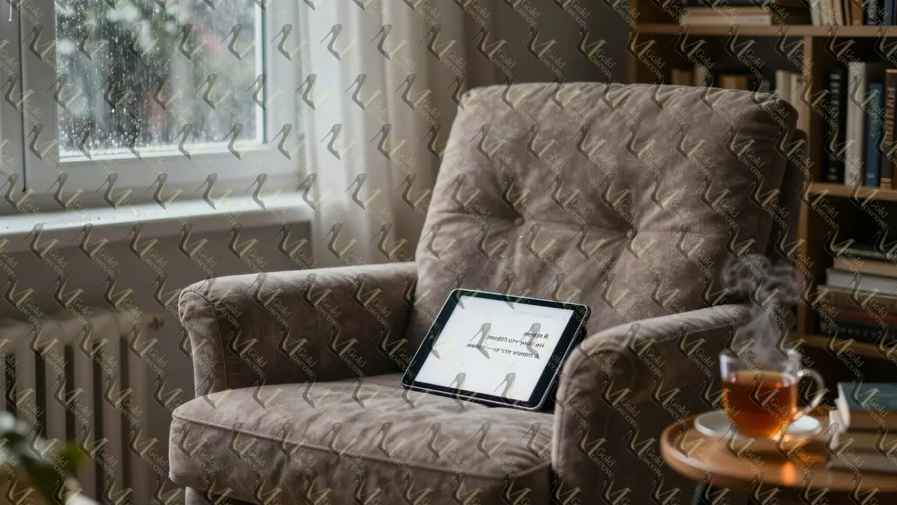 Пустое кресло с чашкой чая и планшетом, на экране которого — тёплое сообщение от ИИ.