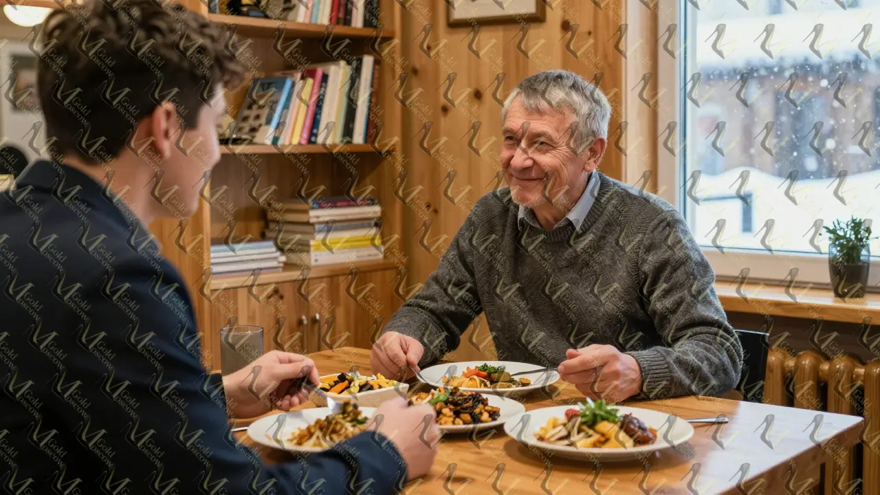 Встреча в уютном ресторане в Сибири, старший бизнесмен слушает молодого партнёра, за окном снег.
