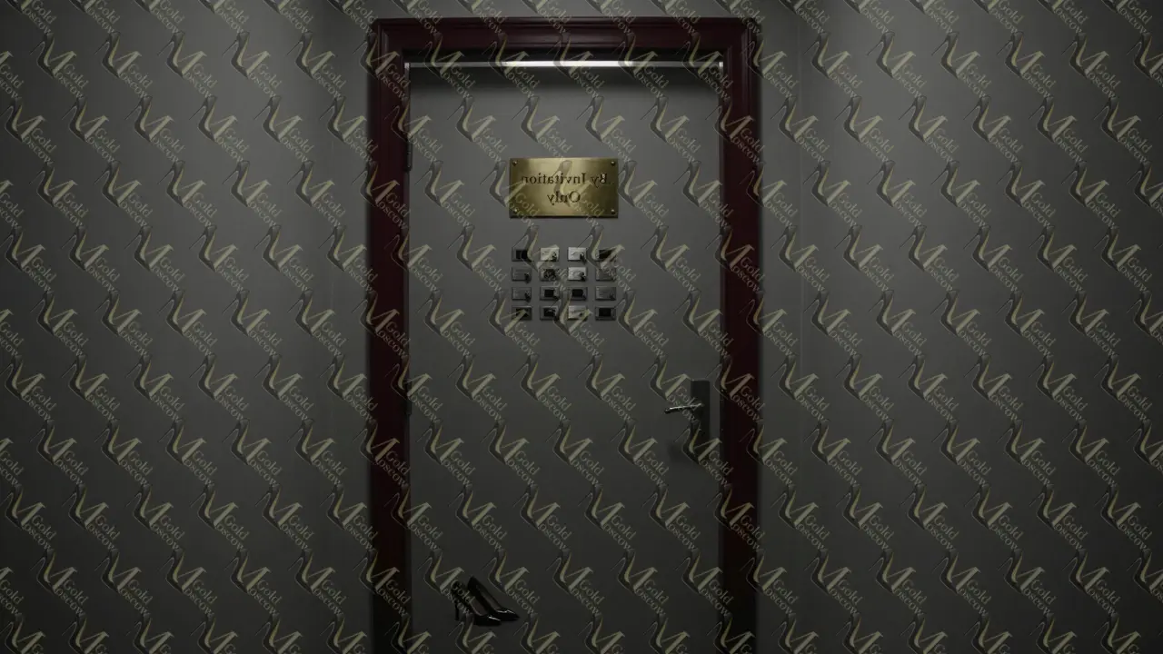 Закрытая дверь с табличкой 'По приглашению', одна пара высоких туфель у порога — символ исключительности и конфиденциальности.