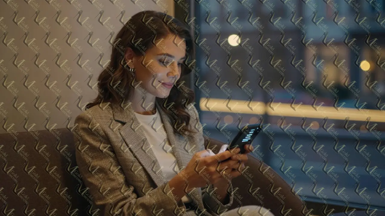 Женщина в отеле ждёт встречи, на телефоне — подтверждённое сообщение.