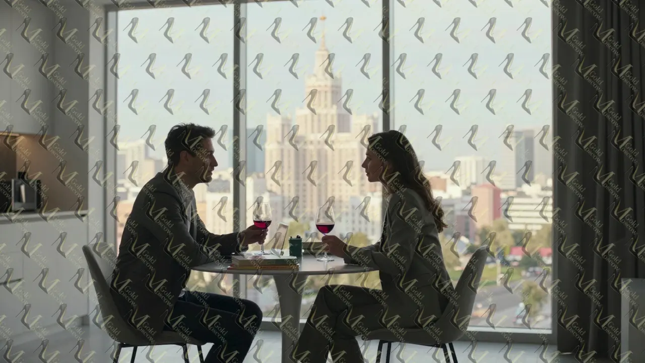Мужчина и женщина ведут спокойный разговор за ужином в современной квартире с видом на Москву.