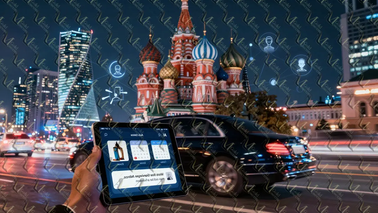 Люкс-автомобиль в ночном Москве, внутри — интерфейс AI-ассистента, предупреждающего о пробках и редких арт-объектах.