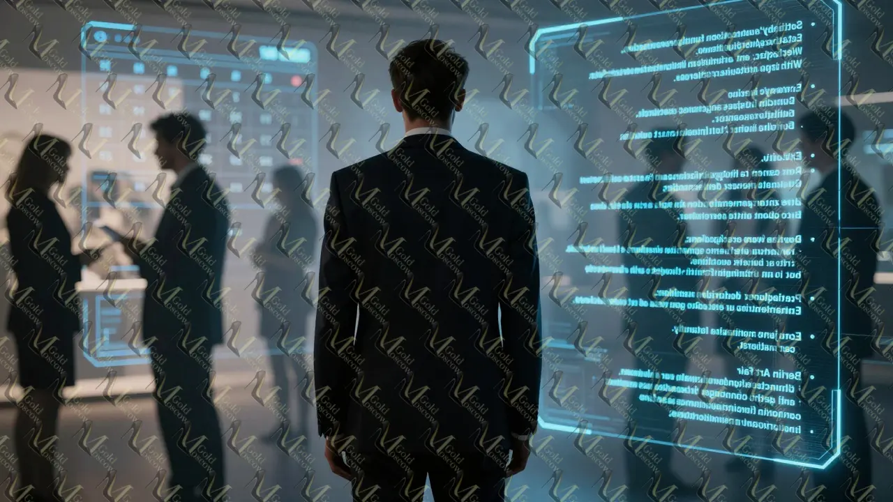 Тень профессионала рядом с цифровым интерфейсом, отражающим закрытые мероприятия и конфиденциальность.
