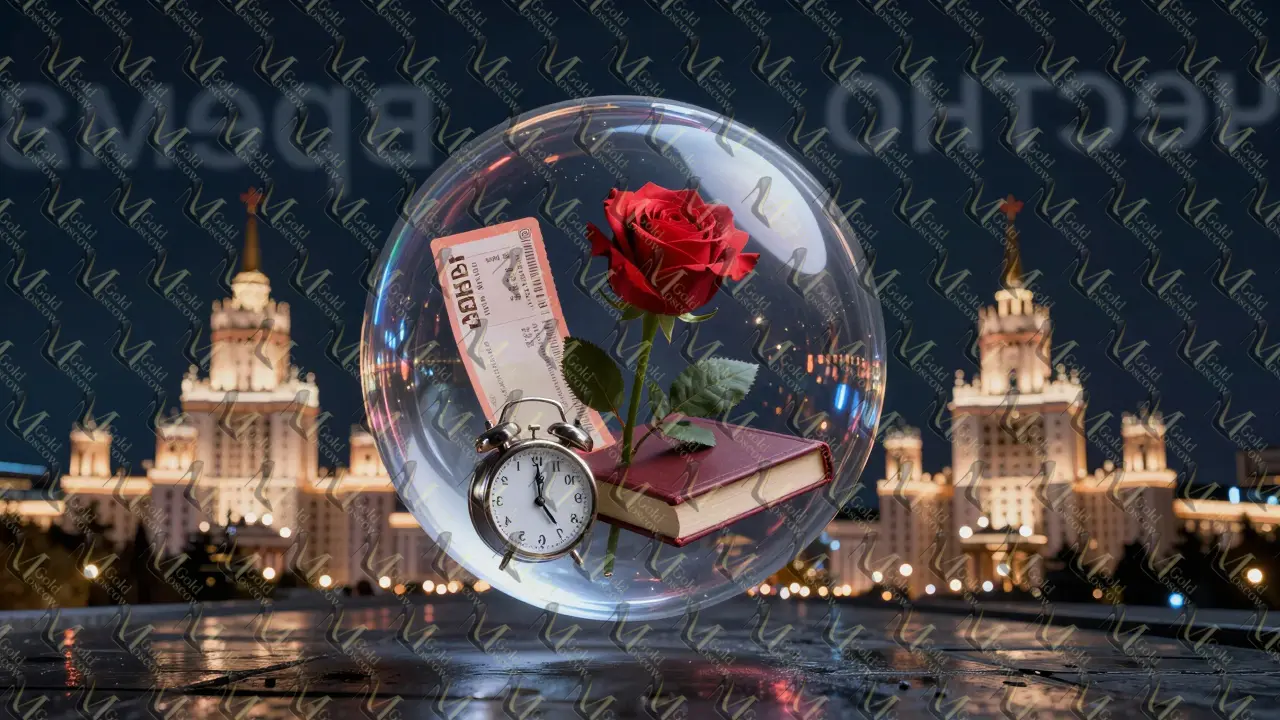 Прозрачный шар над Москвой содержит символы честного отдыха: роза, книга, билет, часы.