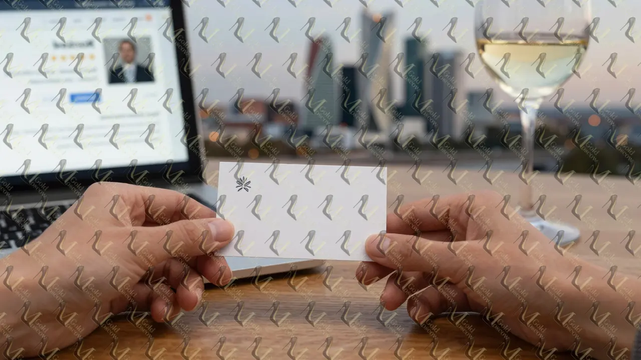 Руки, кладущие визитку рядом с бокалом вина, на фоне московского заката, символизирующие прозрачность и профессионализм.