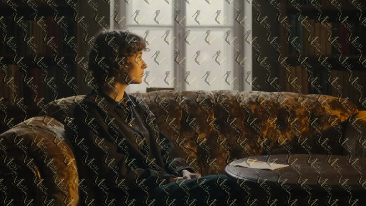 Человек у окна в уютной комнате с книгами, утренний свет падает на лицо.