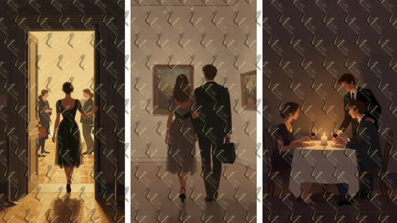 Три сцены: ужин, посещение галереи и вход в театр — символы уровней эскорт-услуг.