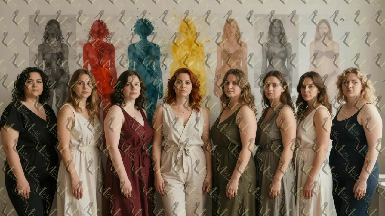 Разные женщины разных размеров стоят вместе, символизируя новый подход к моде.