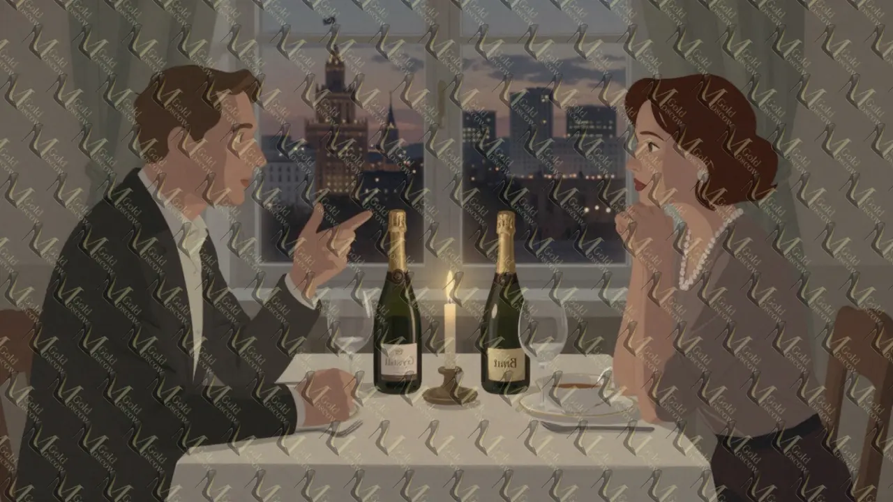 Два человека за ужином в ресторане на набережной, на столе — шампанское и фарфор, за окном — огни Москвы.