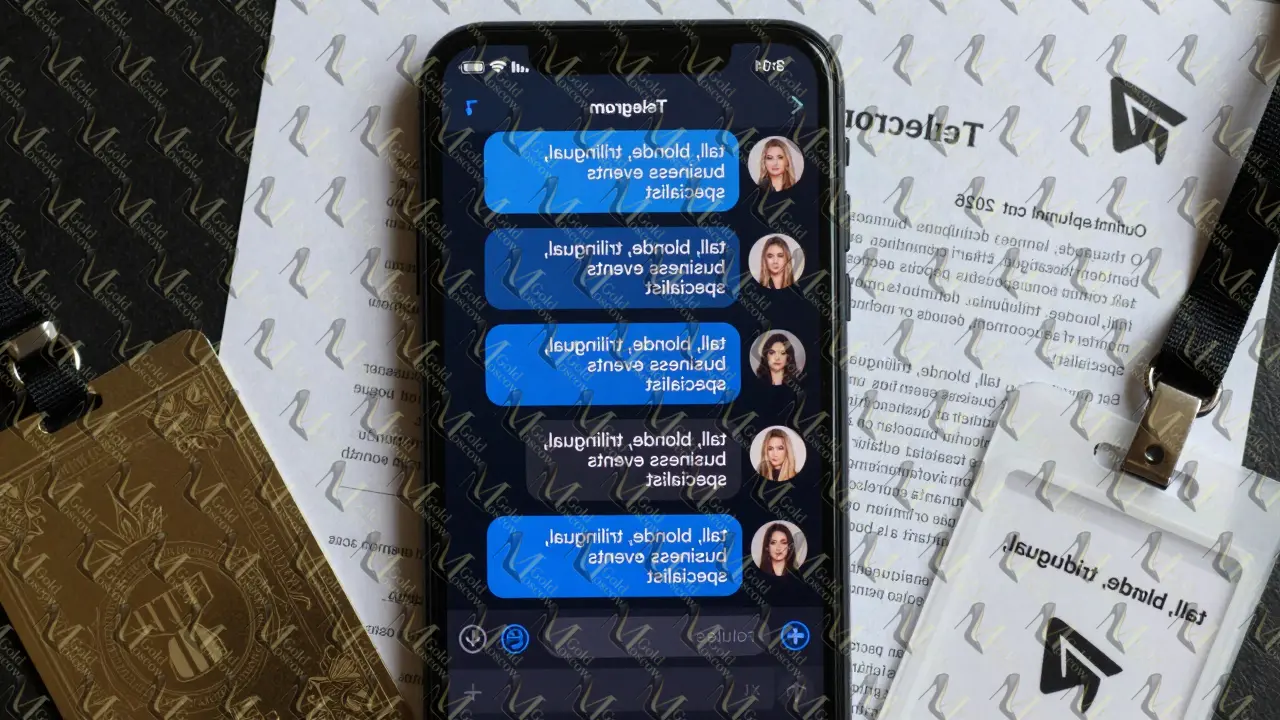 Закрытый чат в Telegram с описаниями женщин без фото, рядом — документы и ключ от отеля, символизирующие конфиденциальность и профессионализм.