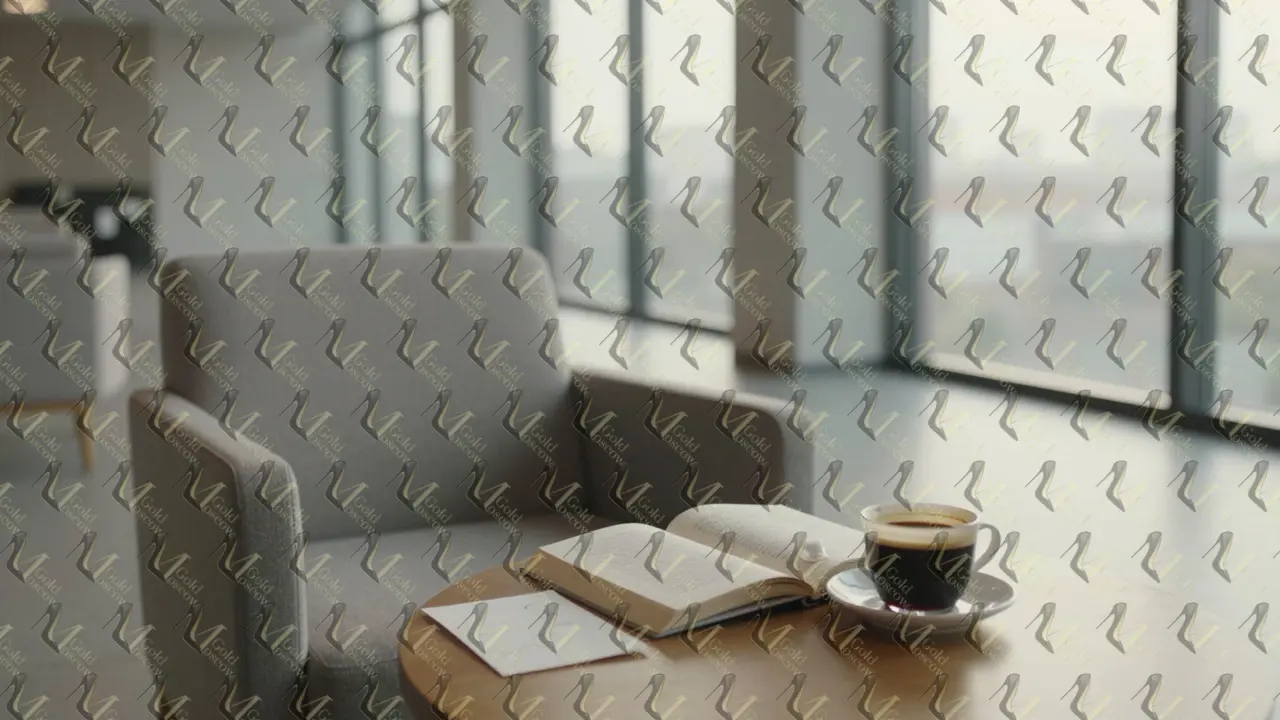 Пустой холл отеля утром: книга, кофе и записка без текста — тишина как форма заботы.