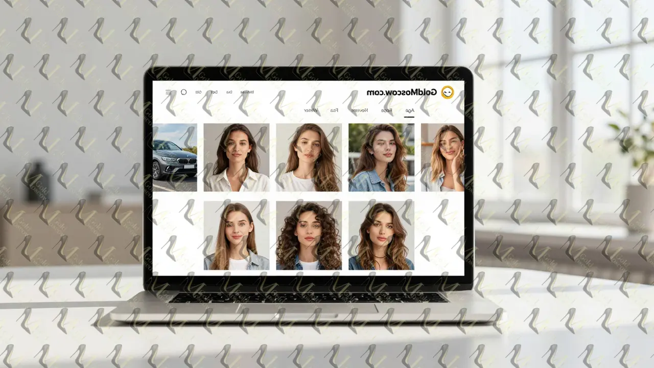 Интерфейс сайта GoldMoscow.com с профилями женщин и фильтрами на экране ноутбука.