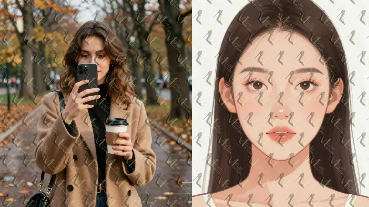 Сравнение фейкового и реального фото девушки: идеальное AI-изображение и естественный снимок в парке.