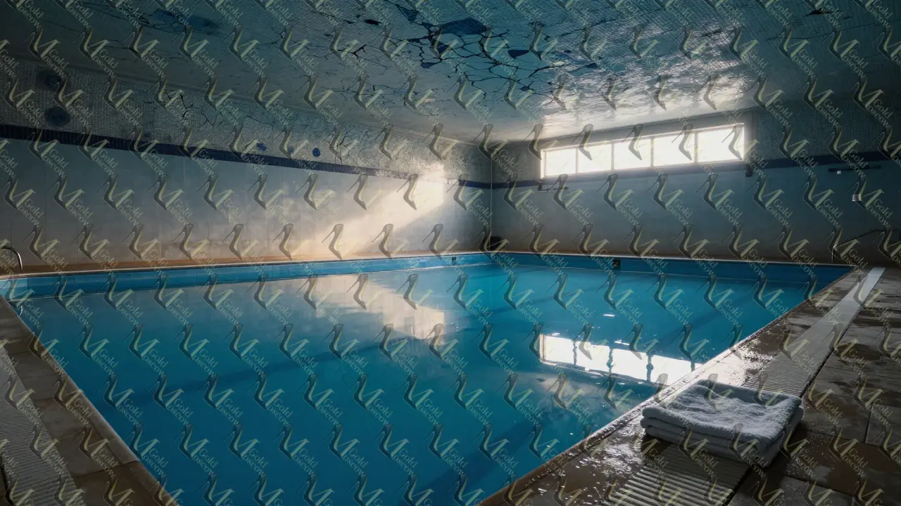 Пустой бассейн в старинном здании на рассвете, вода спокойна, только капли.