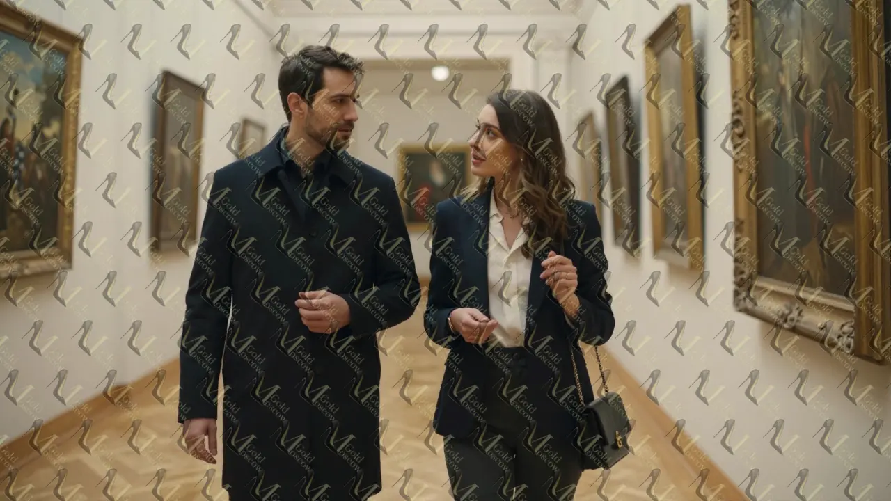 Женщина сопровождает мужчину в Третьяковской галерее, оба смотрят на картину.