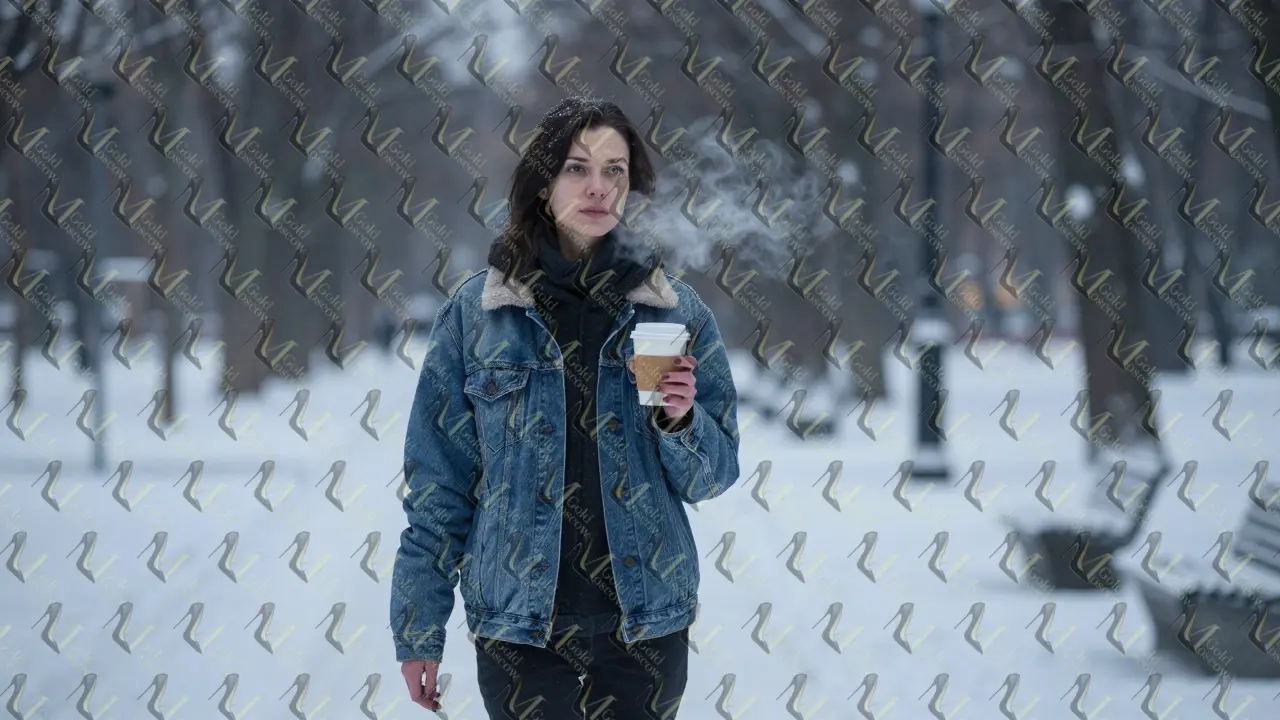 Женщина идёт по снежному парку утром, держит кофе, дыхание видно в холоде.