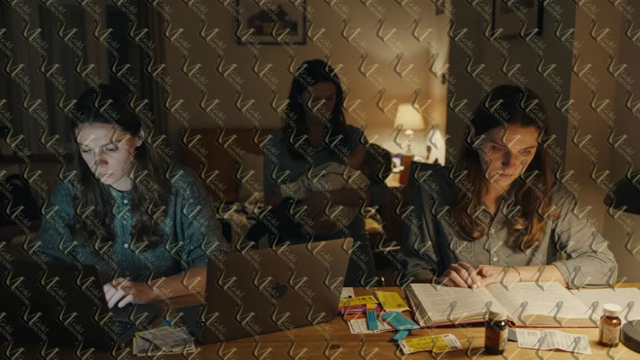 Три женщины в разных комнатах Москвы: одна учится, другая с ребенком, третья работает за ноутбуком — все в повседневной обстановке.