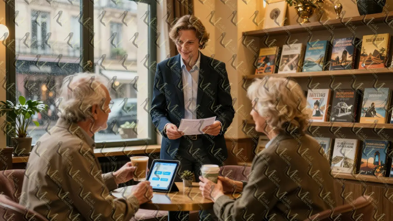 Персональный куратор помогает пожилой паре в отеле, передавая им распечатанный маршрут и напиток.